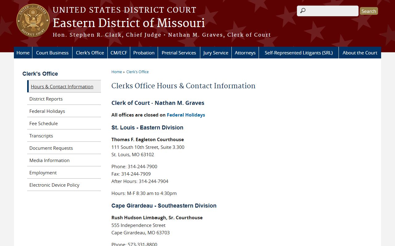 Mississippi County court dockets Eastern District federal clerk contact