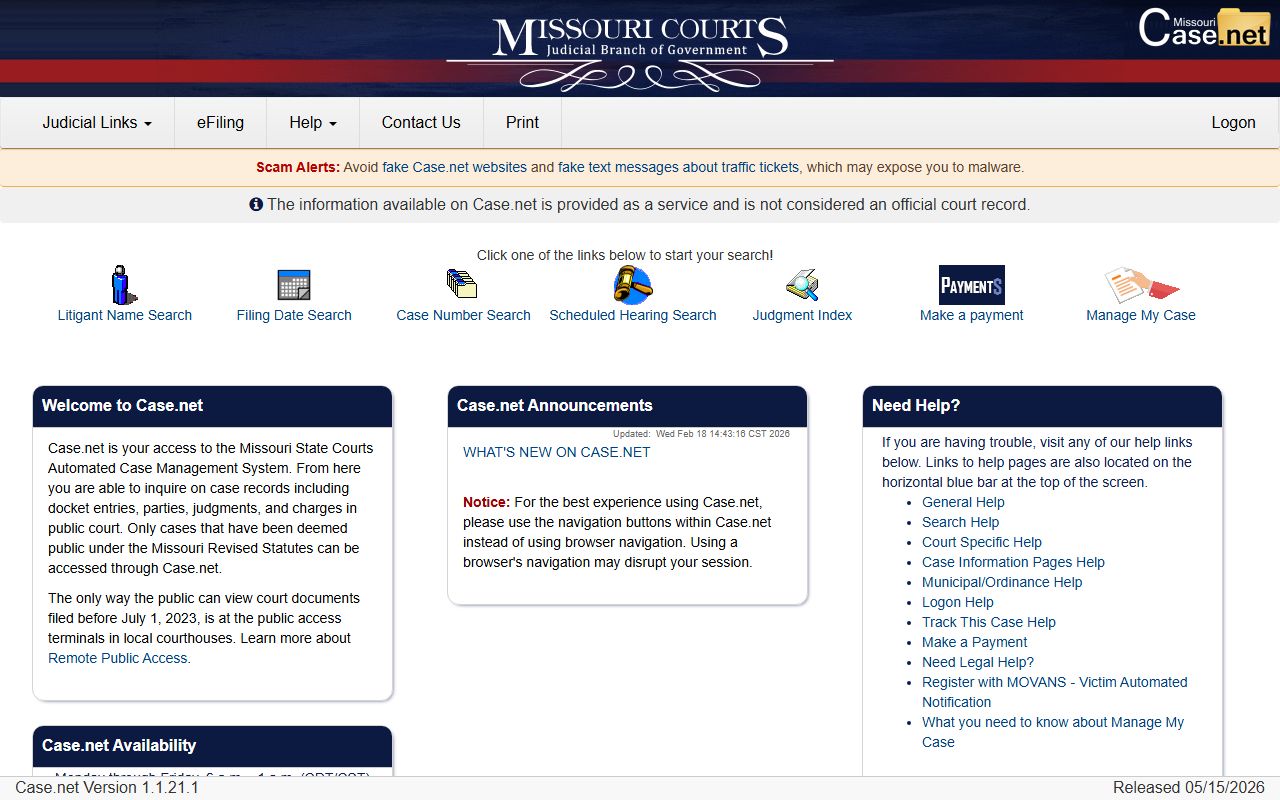 Mississippi County court records Missouri Case.net search page