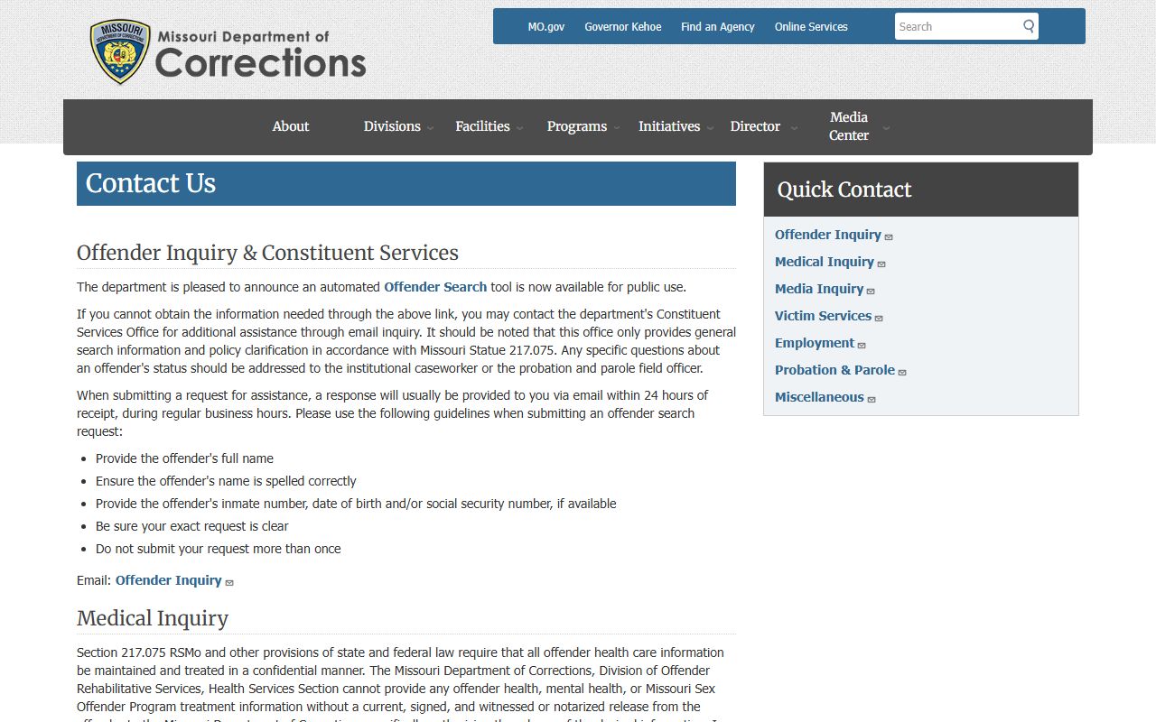 Mississippi County inmate records Missouri DOC contact guidance