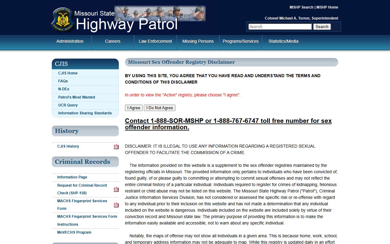 Mississippi County inmate records MSHP sex offender registry disclaimer