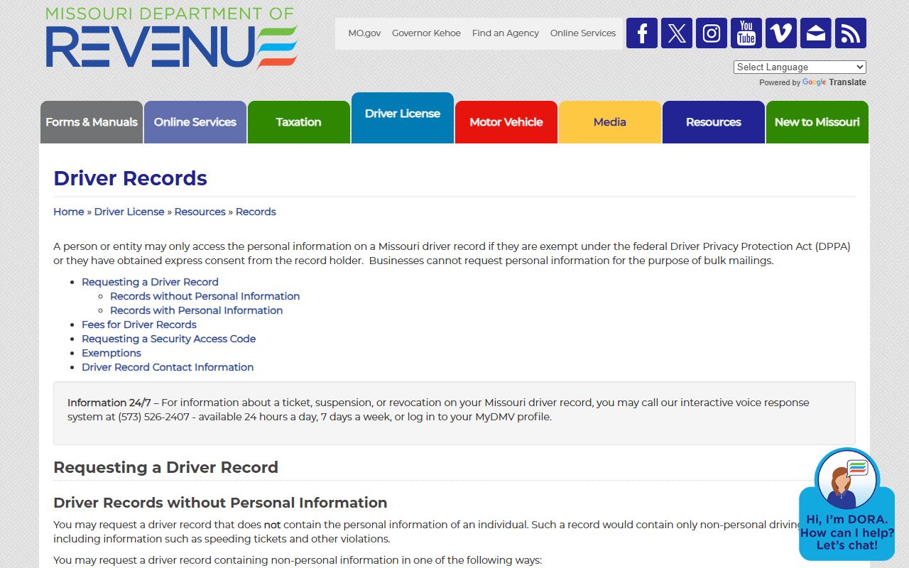Mississippi County traffic court records Missouri DOR driver record page